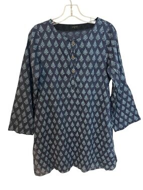Sapphire Indigo Blue Cotton Kurti Tunic Top Block Print Bell Sleeve M Boho